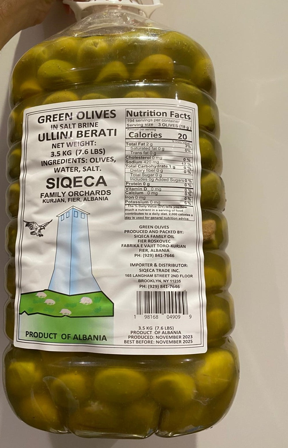 Green Olives in Salt Brine, Ullinj Berati 3.5 Kg (7.6 Lbs)